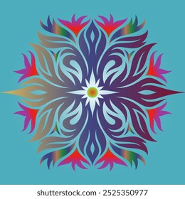 A Colorful mandala pattern featuring a symmetrical star-shaped design with a mesmerizing multicolor.  A Kaleidoscope of Colors. Multifaceted decorative Multi Color rangoli design. Garish background.