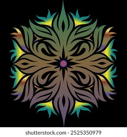 Um padrão de mandala colorido com um design em forma de estrela simétrico com um multicolor hipnotizante.  Um caleidoscópio de cores. Design multifacetado decorativo multi cor rangoli. Fundo preto.