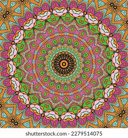 A colorful mandala with a pattern of flowers