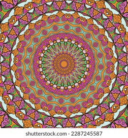 Una mandala colorida con un patrón de fondo de corazones