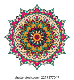 A colorful mandala with a pattern of the sun on a white background.