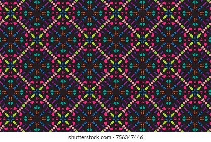  colorful mandala pattern. Vector repeating pattern of four sided symmetrical mandala design in vibrant colors over a blackbackground. Creative geometric pattern for background, surface and fabric