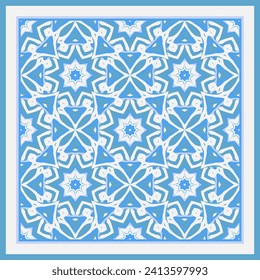 Colorful  mandala pattern  in white blue for textile and design. Frame.