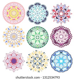 Colorful mandala patterns set on white background