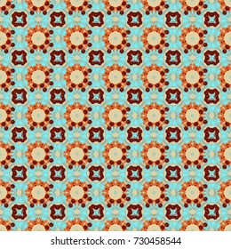 Colorful mandala seamless pattern. Decorative stylized elements. Ethnic style. Mandalas ornament in beige, blue and orange colors. Vector design for fabrics, cards, web, decoupage.