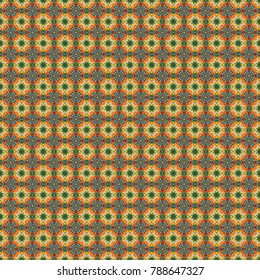 Colorful mandala seamless pattern. Mandalas ornament in blue, brown and orange colors. Vector design for fabrics, cards, web, decoupage. Decorative stylized elements. Ethnic style.