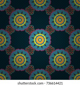 Colorful mandala seamless pattern. Vector design for fabrics, cards, web, decoupage. Decorative stylized elements. Mandalas ornament in blue, brown and yellow colors. Ethnic style.
