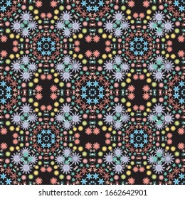 Colorful mandala seamless pattern for wallpaper, wrapping, textile, bags and bedsheet. Contemporary motif endless fabric on dark background for tile. Modern geometric repeat texture.