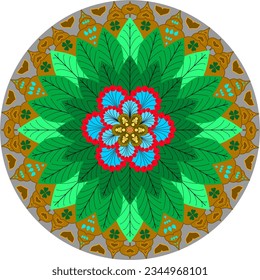 Colorful mandala with shamrocks, leaves and whale tail.