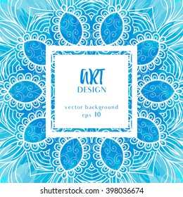Colorful mandala, square background. Decor for your design, blue lace ornamental card  template. Zentangle rosette with watercolor imitation background.