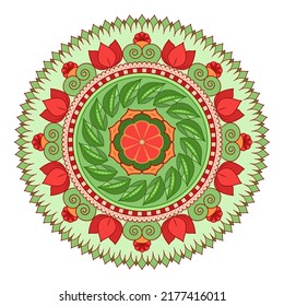 Colorful mandala with tulips and leaves on a white background. Isolated decorative element for design