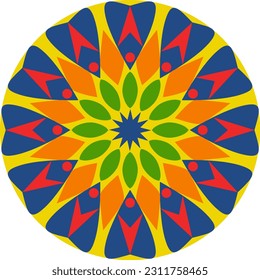 Colorful mandala with twelve petals on yellow background