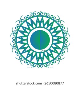 Vetor mandala colorido com gradiente azul-verde e detalhes ornamentais simétricos. Ótimo para decoração, arte espiritual, temas de ioga ou design de fundo. Formato EPS editável e totalmente escalável.