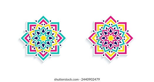 Colorful mandala vector illustration. decorative flowers in eastern style isolated. rounded floral symbols with repeated geometric elements. Yoga template design. Bright red,yellow, blue, black colors
