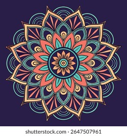 Colorful mandala vector illustration with intricate floral patterns on a dark background. Perfect for meditation, yoga, and decorative designs.