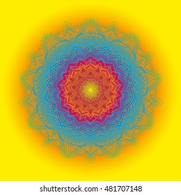 Colorful mandala vector on a bright color backdrop. Rainbow mandala. Beautiful ethnic round ornament. eps 10. Hand drawn indian ornament. Greeting invitation card. Mandala on a yellow background.