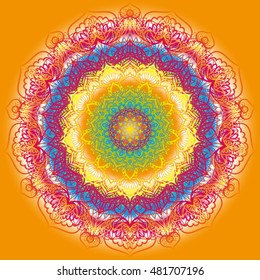 Colorful mandala vector on a bright color backdrop. Rainbow mandala. Beautiful ethnic round ornament. eps 10. Hand drawn indian ornament. Greeting invitation card. Mandala on a orange background.