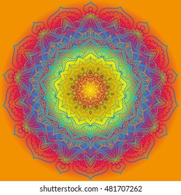 Colorful mandala vector on a bright color backdrop. Rainbow mandala. Beautiful ethnic round ornament. eps 10. Hand drawn indian ornament. Greeting invitation card. Mandala on a orange background.