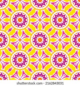 Colorful mandala vector pattern. Seamless oriental ornament. Funky abstract flower design in red, orange, purple, yellow colors