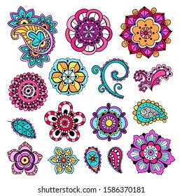 Colorful mandala vector set. Beautiful ornate illustrations in folk style. Boho style hand drawn mandalas and mehndi indian elements