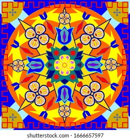  A colorful mandala, which is composed of circles, stars, different geometric shapes and stylized flowers.