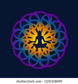 Colorful mandala with a yogi woman in center.Meditation and spa vector illustration.