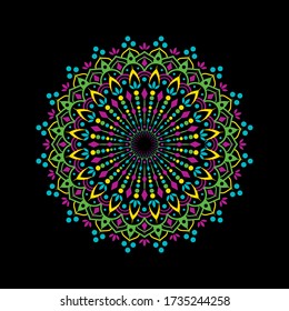 Mandalas coloridas sobre un fondo negro sólido. Utilice una combinación de colores negros saturados y sólidos como bloqueo de color.