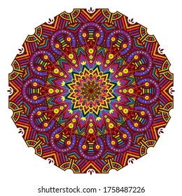 Mandalas coloridas sobre un fondo sólido marrón. Utilizar una combinación de colores científicos análogos y colores marrones sólidos como bloqueo de color.
