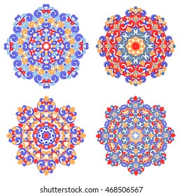 Colorful mandalas in oriental style. Set of circle ethnic patterns isolated on white background. Mandala vector for art, coloring book, zendoodle. Round zentangle for coloring book pages design.
