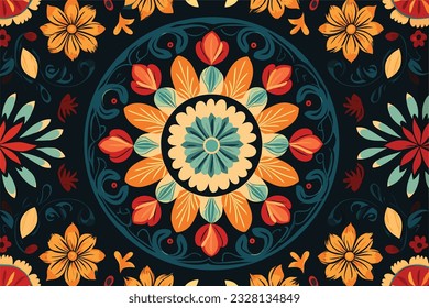 bunter Mandalas-Muster, Vektorgrafik auf dunklem Hintergrund