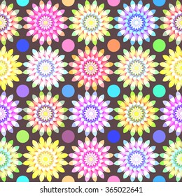 Colorful mandalas style flowers vector seamless pattern