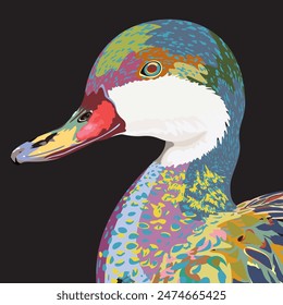 Colorful Mandarin duck head isolated surrealism graphic illustrated on black background.
