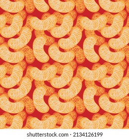 Colorful mandarin segments seamless pattern on red background