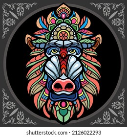 Colorful Mandrill Head Zentangle Art, Isolated On Black Background