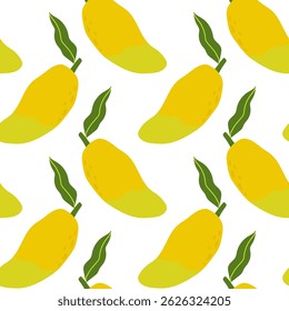 Colorful mango pattern with green leaves on a white background created for vibrant summer decor and design inspirations