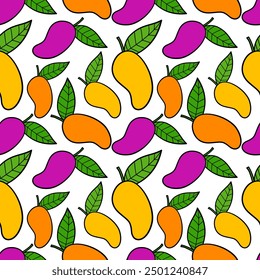 Colorful Mangoes and leaves seamless pattern for summer background 