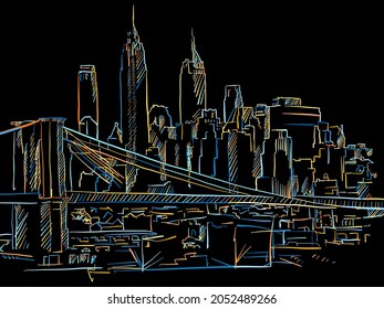 Colorful Manhattan and Brooklyn Bridge Drawing on black. Well crafted vector sketch für private and commercial use.