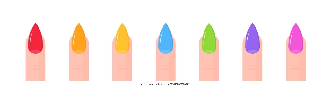 Colorful manicured fingernails on female hand displaying rainbow shades. Vector icon