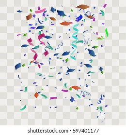 Colorful many confetti. Vector festive illustration of falling shiny confetti isolated on transparent checkered background. Holiday decorative tinsel element for design