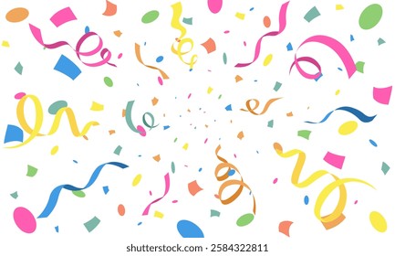 Colorful many ribbon and square small paper falling isolated on white background. Confetti for birthday, party, festival fair, celebration, and congratulation. Vector illustration flat design.