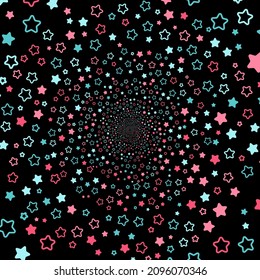 Colorful, many stars spin in a black tunnel to place your content. Vector illustration.