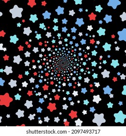 Colorful, many stars spin in a black tunnel to place your content. Vector illustration.