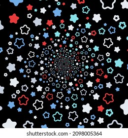 Colorful, many stars spin in a black tunnel to place your content. Vector illustration.