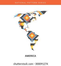Colorful map of America. Vector frontiers of Southern and Northern America with native american pattern within. 