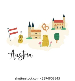 Colorful map of Austria with famous landmarks, symbols, cities in a flat style. Vector illustration for wall art, prints, posters, travel magazines.