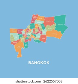 Mapa colorido de Bangkok, Tailândia com distritos administrativos rotulados. Ilustração vetorial isolada no plano de fundo azul.