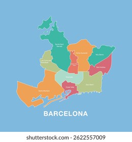 Mapa colorido de Barcelona, Espanha com distritos administrativos rotulados. Ilustração vetorial isolada no plano de fundo azul.