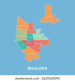 Bunte Karte Stadt Boulder, Colorado, Vereinigte Staaten von Amerika mit gekennzeichneten Verwaltungsbezirken. Vektorgrafik einzeln auf blauem Hintergrund. Blick auf die Bergstadt