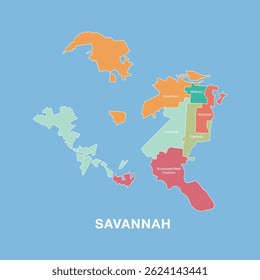 Mapa colorido Cidade de Savannah, Geórgia, Estados Unidos da América com distritos administrativos rotulados. Ilustração vetorial isolada no plano de fundo azul.