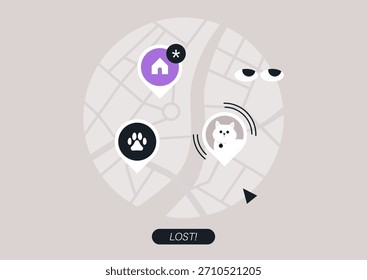 Un mapa colorido destaca varios marcadores que indican mascotas perdidas en el área. Cada pin de ubicación muestra alertas e impresiones de patas, lo que facilita a los propietarios ver dónde podrían estar sus mascotas